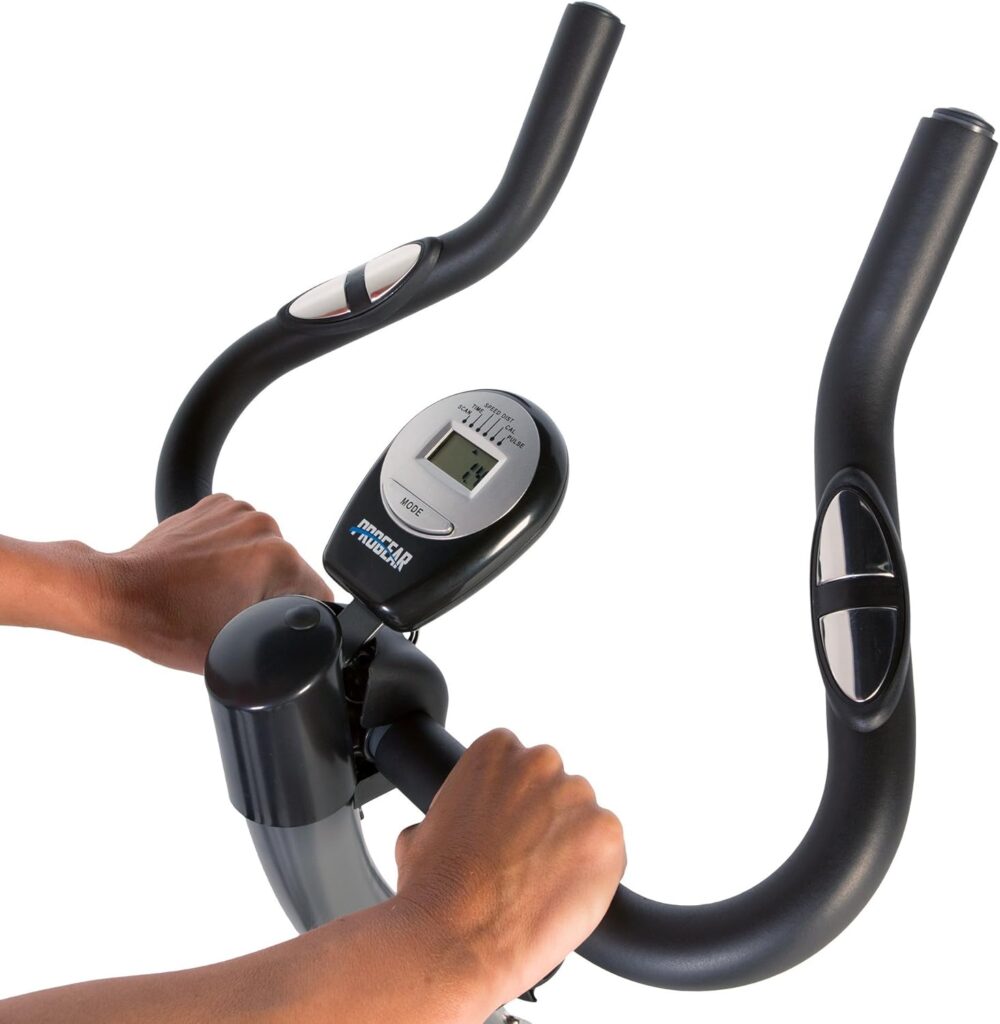 progear fitness bike LCD monitor displaying time, speed, and calories burned